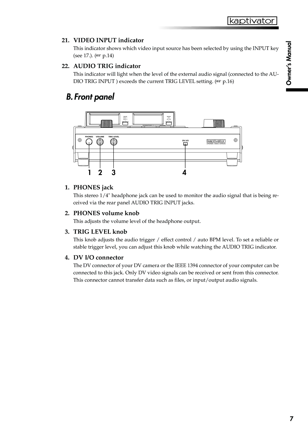 Korg KTV1 owner manual Front panel, Video Input indicator 