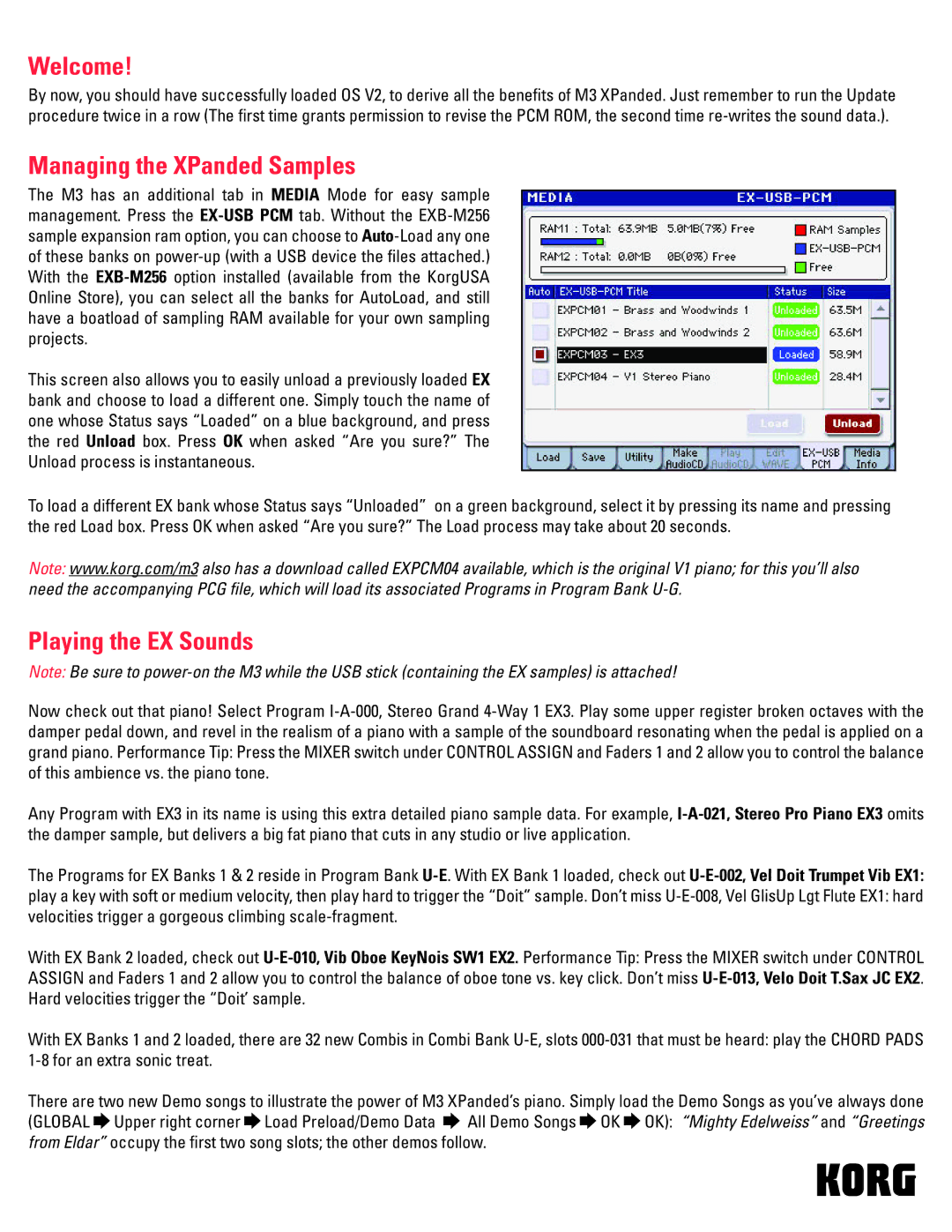 Korg M3 manual Welcome, Managing the XPanded Samples, Playing the EX Sounds 