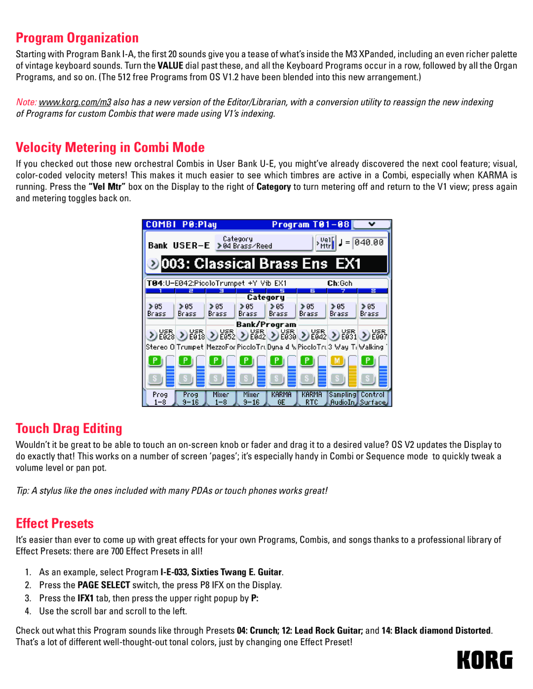 Korg M3 manual Program Organization, Velocity Metering in Combi Mode, Touch Drag Editing, Effect Presets 