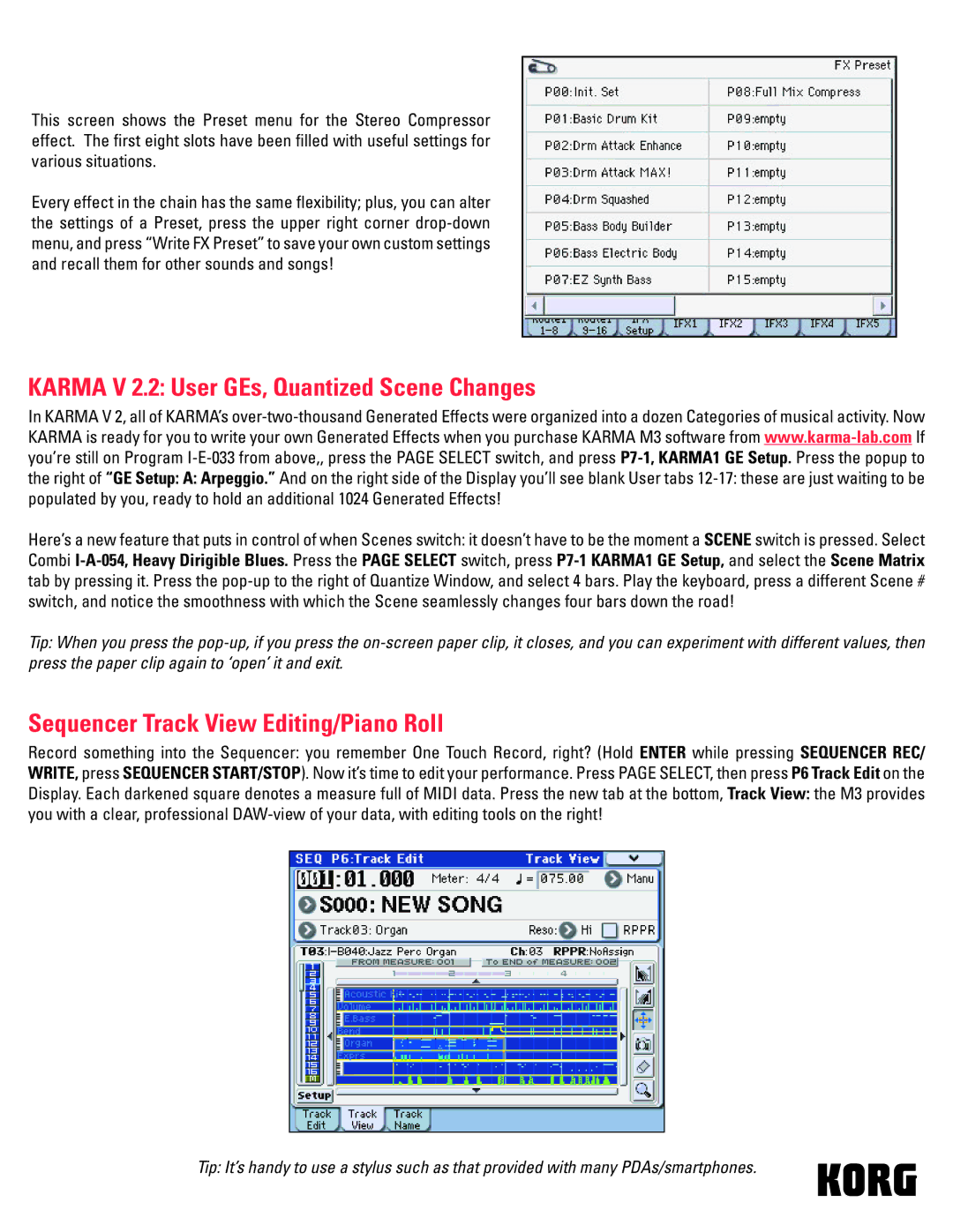 Korg M3 manual Karma V 2.2 User GEs, Quantized Scene Changes, Sequencer Track View Editing/Piano Roll 