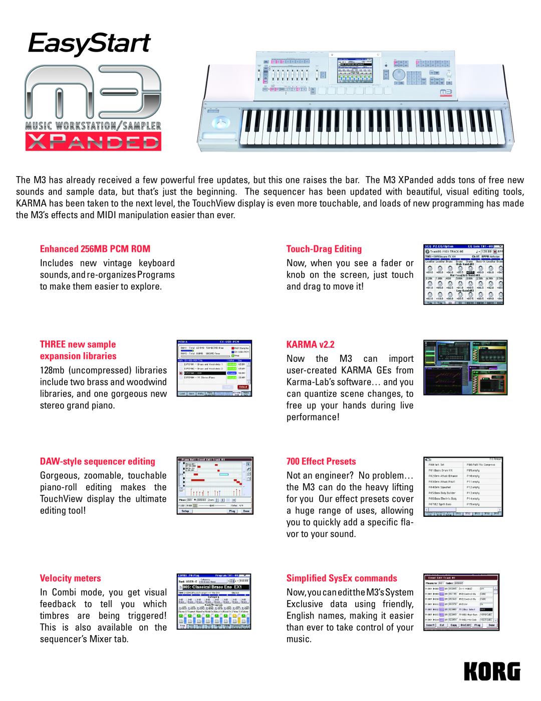 Korg M3 manual EasyStart, Enhanced 256MB PCM ROM, DAW-style sequencer editing, Velocity meters, Touch-Drag Editing, Karma 