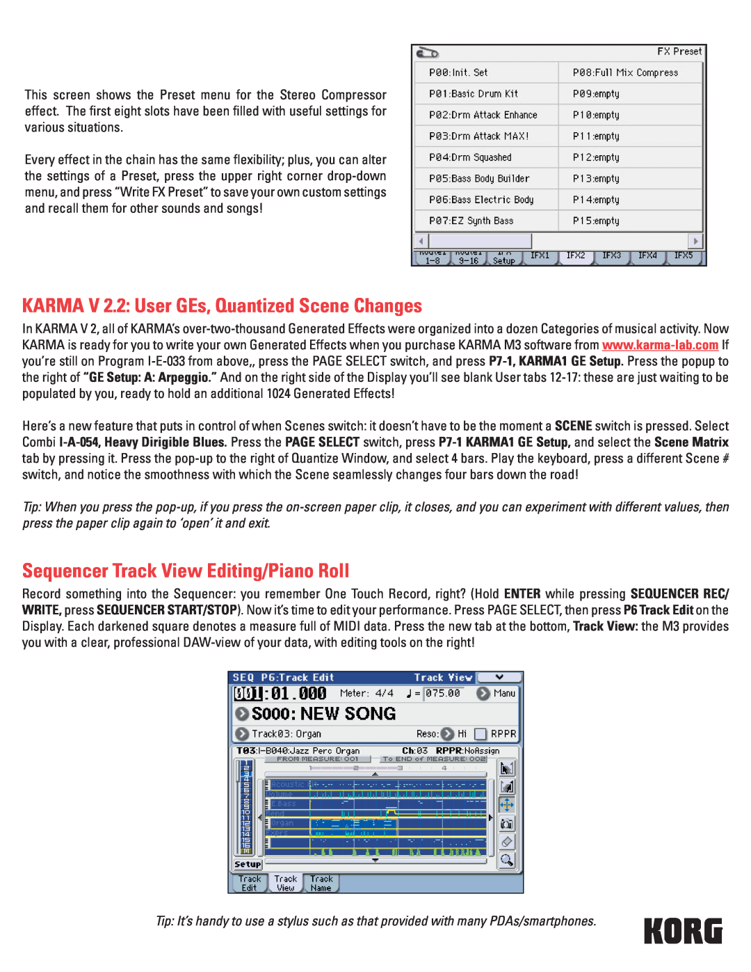 Korg M3 manual KARMA V 2.2 User GEs, Quantized Scene Changes, Sequencer Track View Editing/Piano Roll 