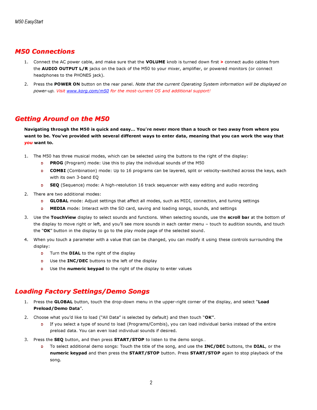 Korg manual M50 Connections, Getting Around on the M50, Loading Factory Settings/Demo Songs 