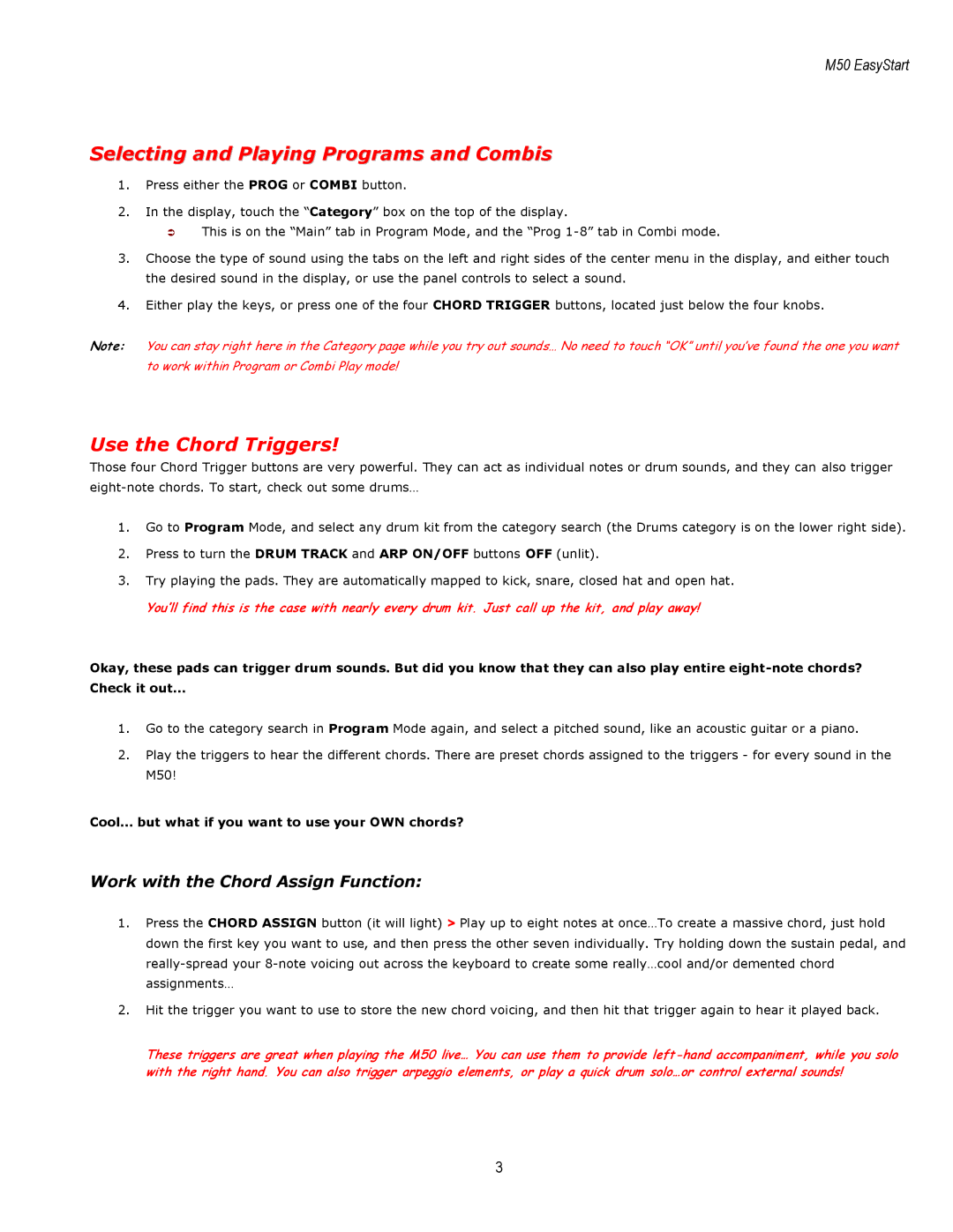 Korg M50 manual Selecting and Playing Programs and Combis, Use the Chord Triggers 