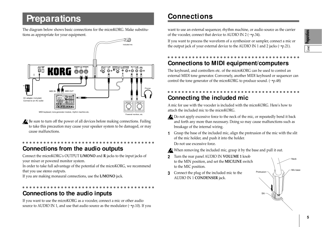 Korg MICRO manual Connections from the audio outputs, Connections to the audio inputs, Connecting the included mic 