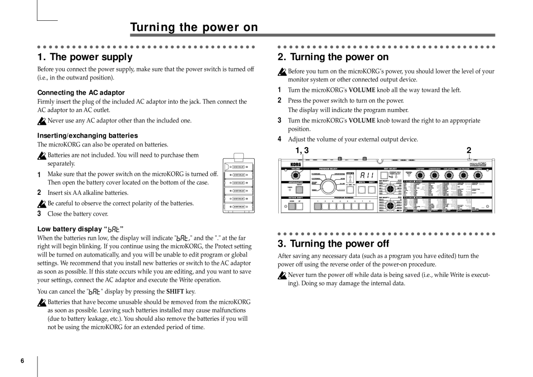 Korg MICRO manual Turning the power on, Power supply, Turning the power off 