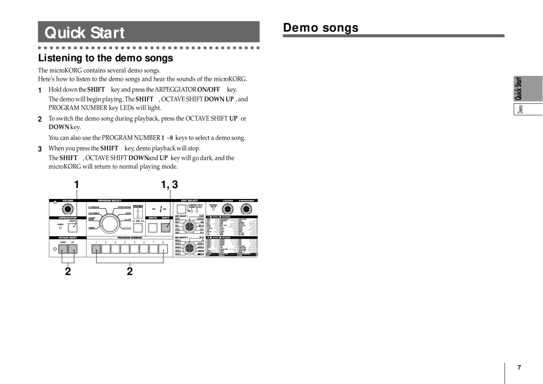 Korg MICRO manual Demo songs, Listening to the demo songs, MicroKORG contains several demo songs 