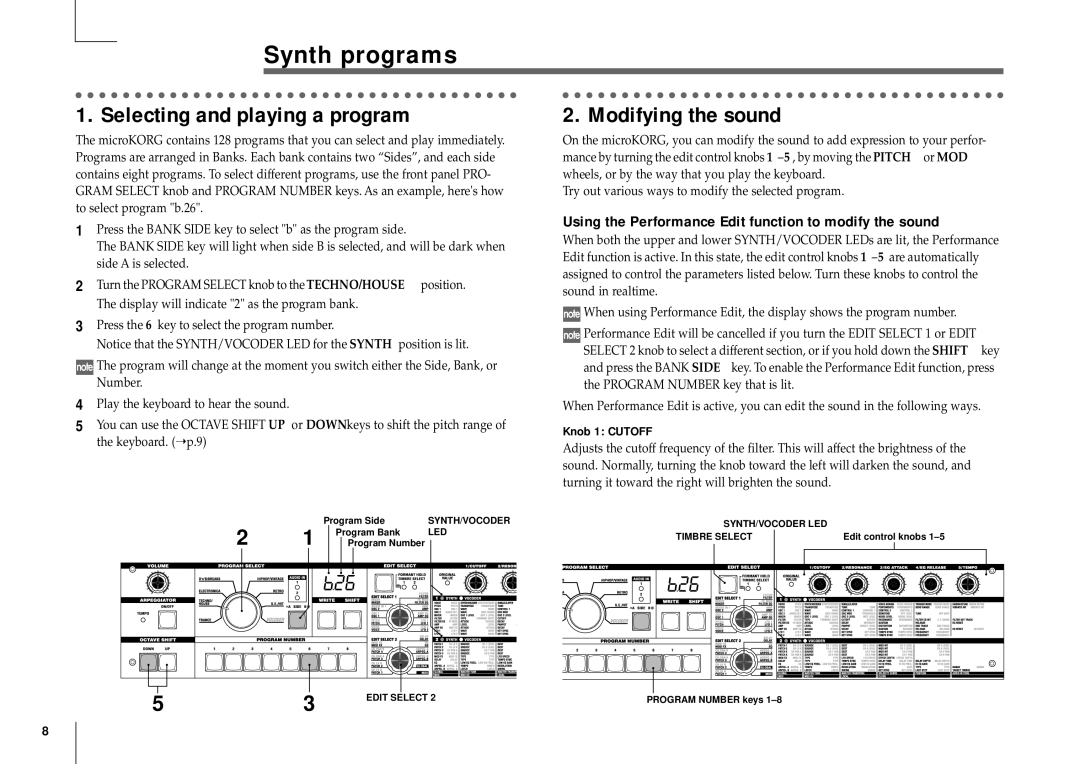 Korg MICRO manual Synth programs, Selecting and playing a program, Modifying the sound, Knob 1 Cutoff 