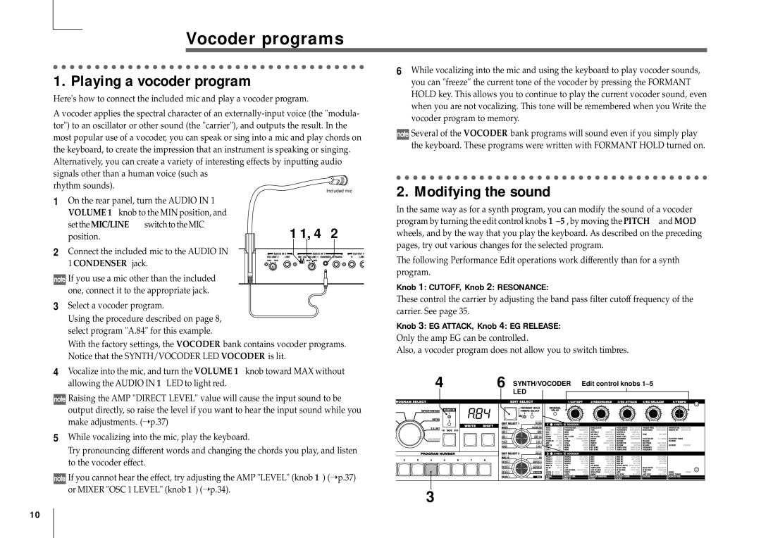 Korg MICRO manual Vocoder programs, Playing a vocoder program, Knob 1 CUTOFF, Knob 2 Resonance 