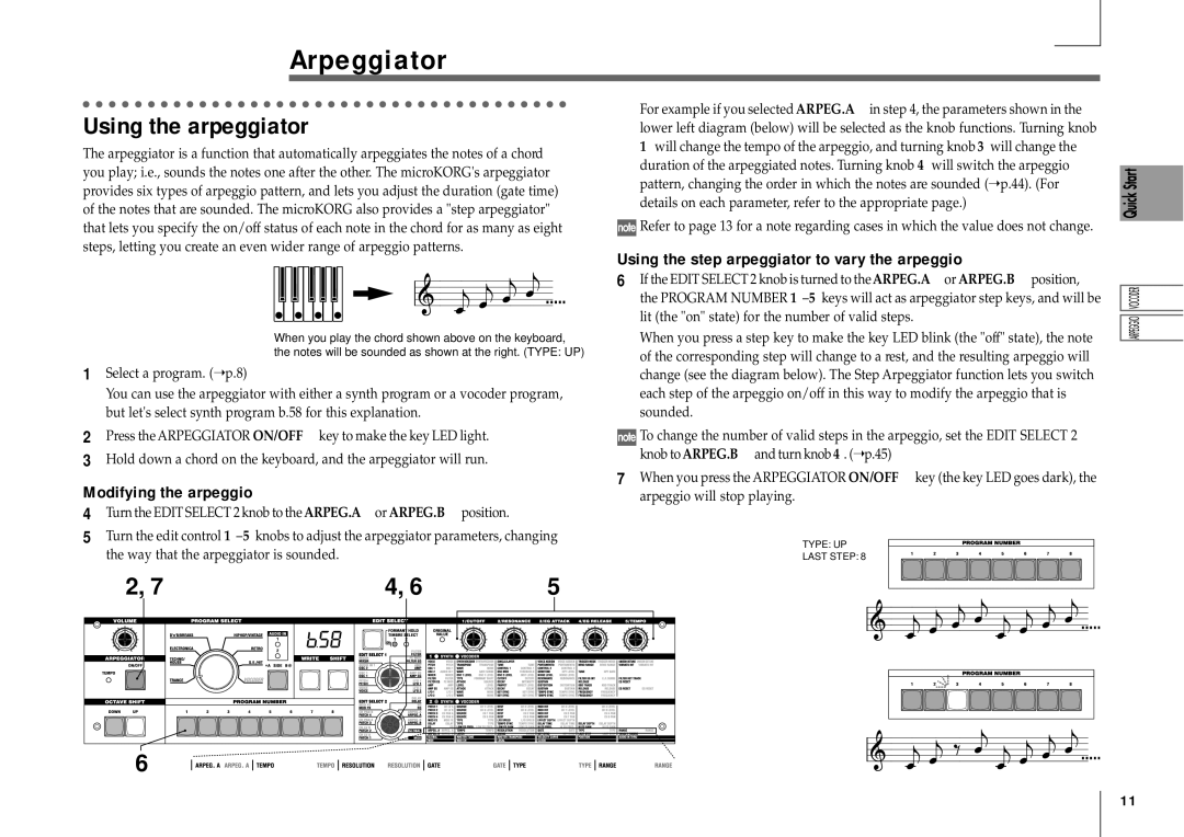 Korg MICRO Arpeggiator, Using the arpeggiator, Using the step arpeggiator to vary the arpeggio, Modifying the arpeggio 