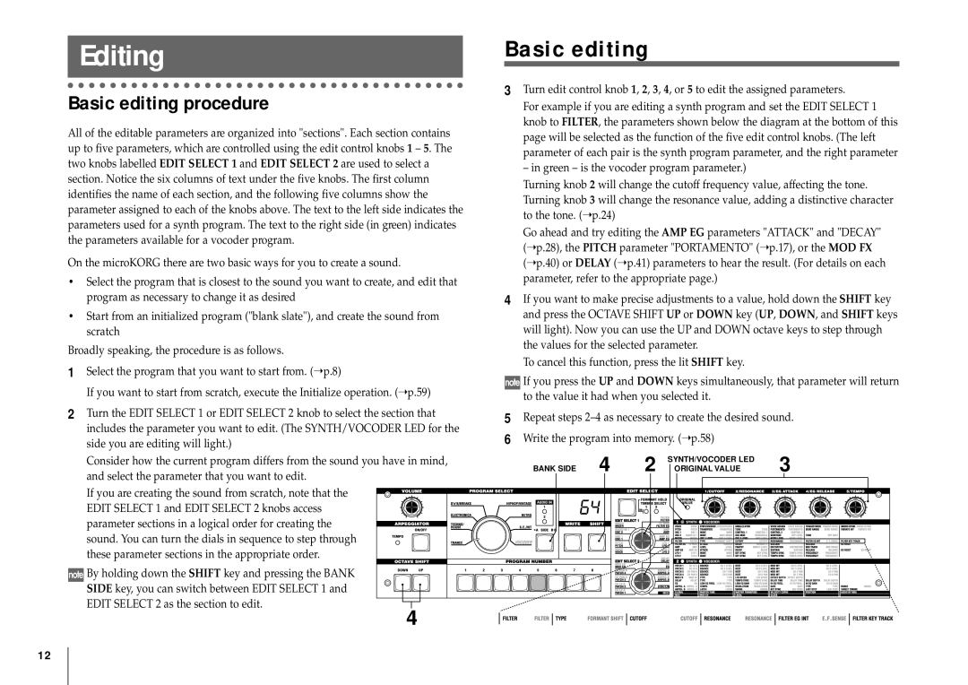 Korg MICRO manual Basic editing procedure, Select the parameter that you want to edit 