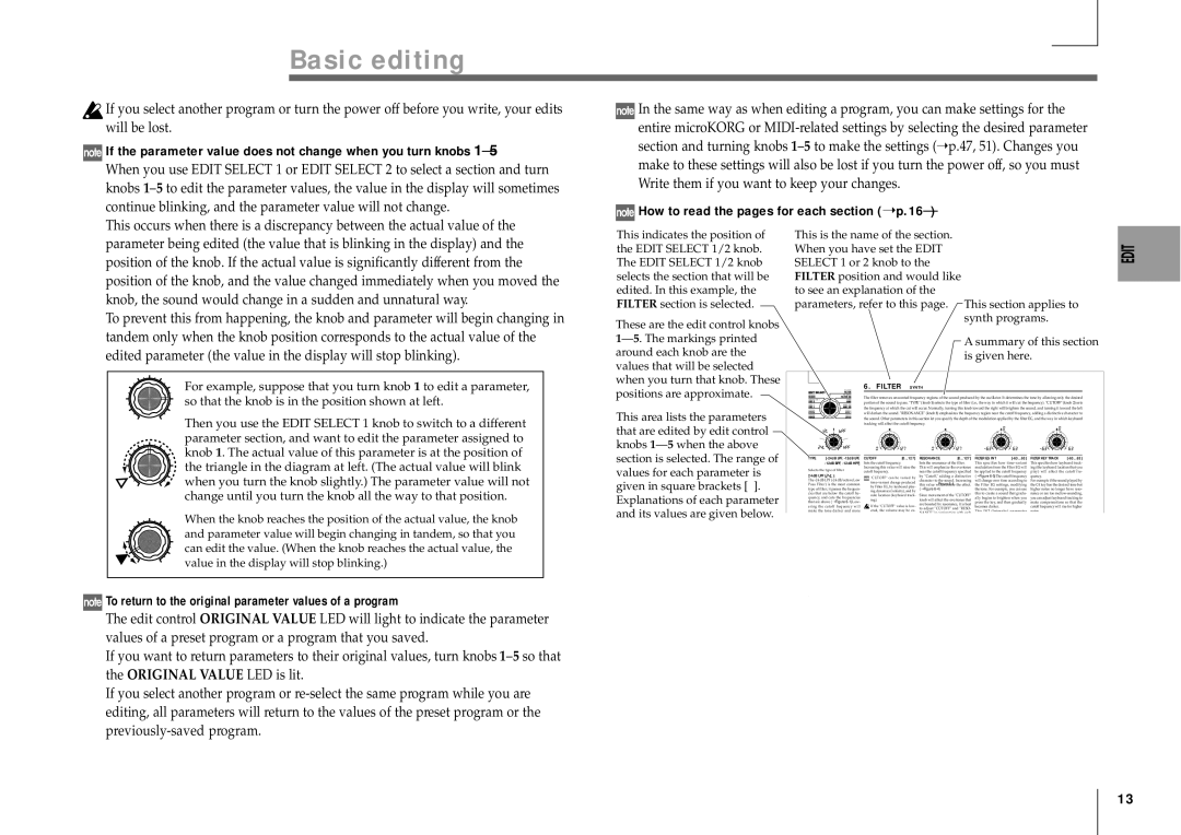 Korg MICRO manual If the parameter value does not change when you turn knobs, How to read the pages for each section p.16 