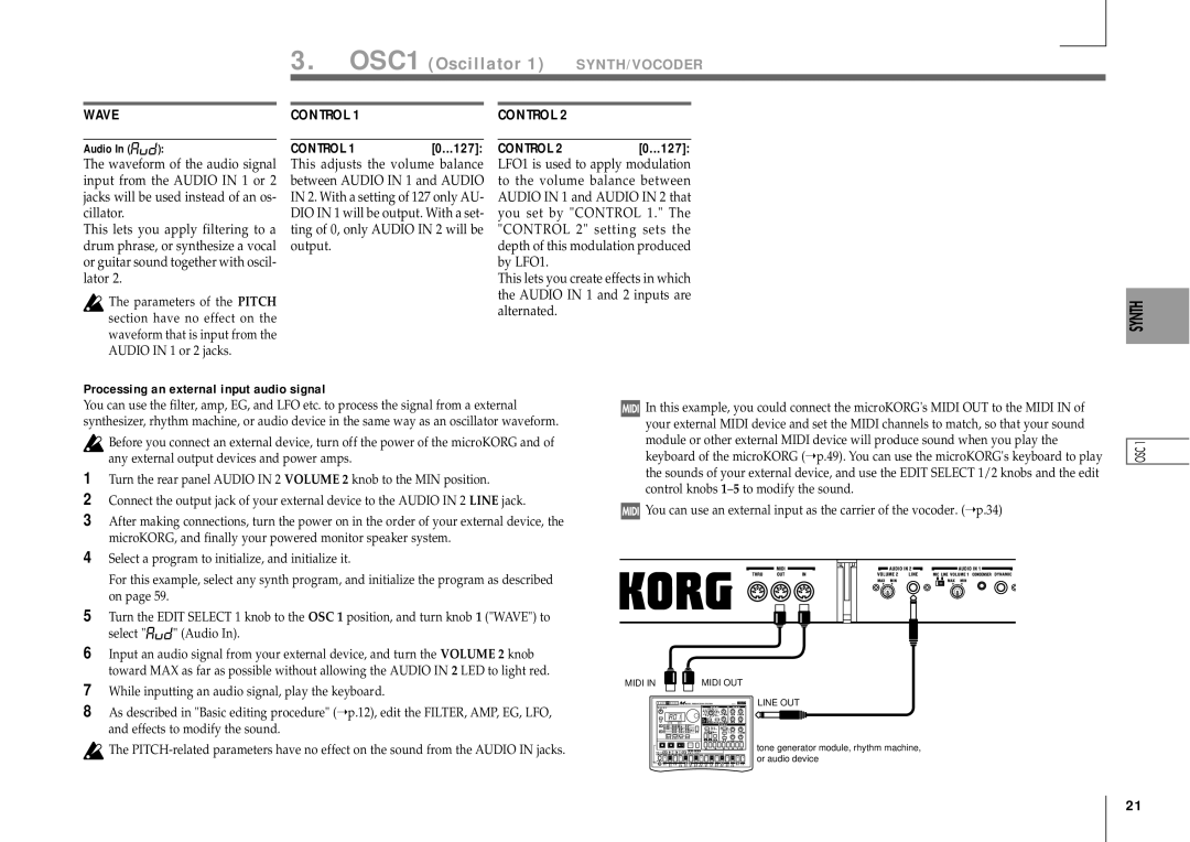 Korg MICRO manual Processing an external input audio signal 