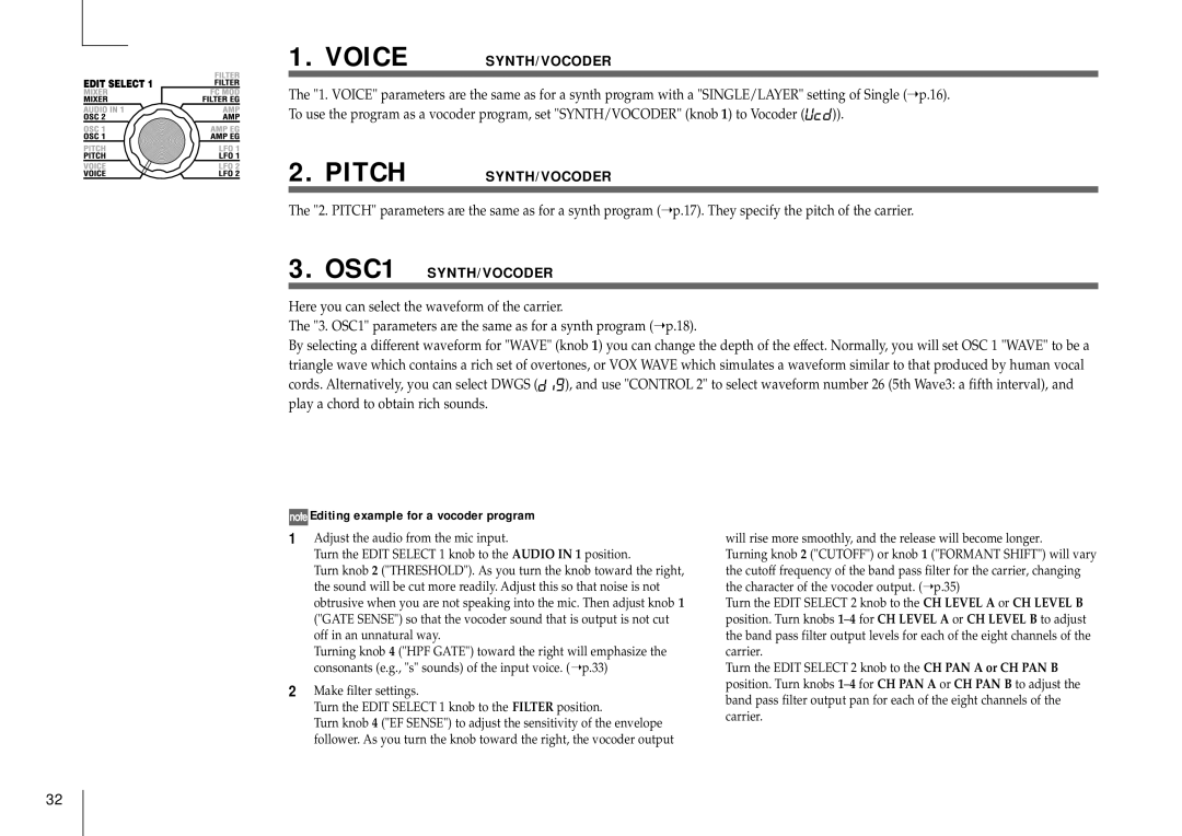 Korg MICRO manual OSC1 SYNTH/VOCODER, Editing example for a vocoder program 