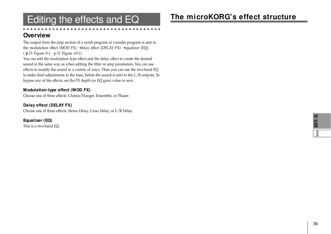 Korg MICRO Editing the effects and EQ, MicroKORGs effect structure, Modulation-type effect MOD FX, Delay effect Delay FX 