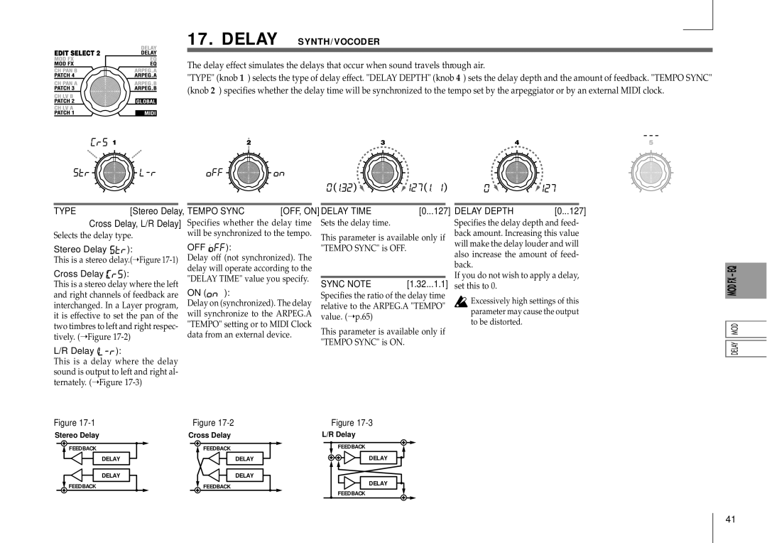 Korg MICRO manual Delay SYNTH/VOCODER, Tempo Sync, Delay Time, Delay Depth 