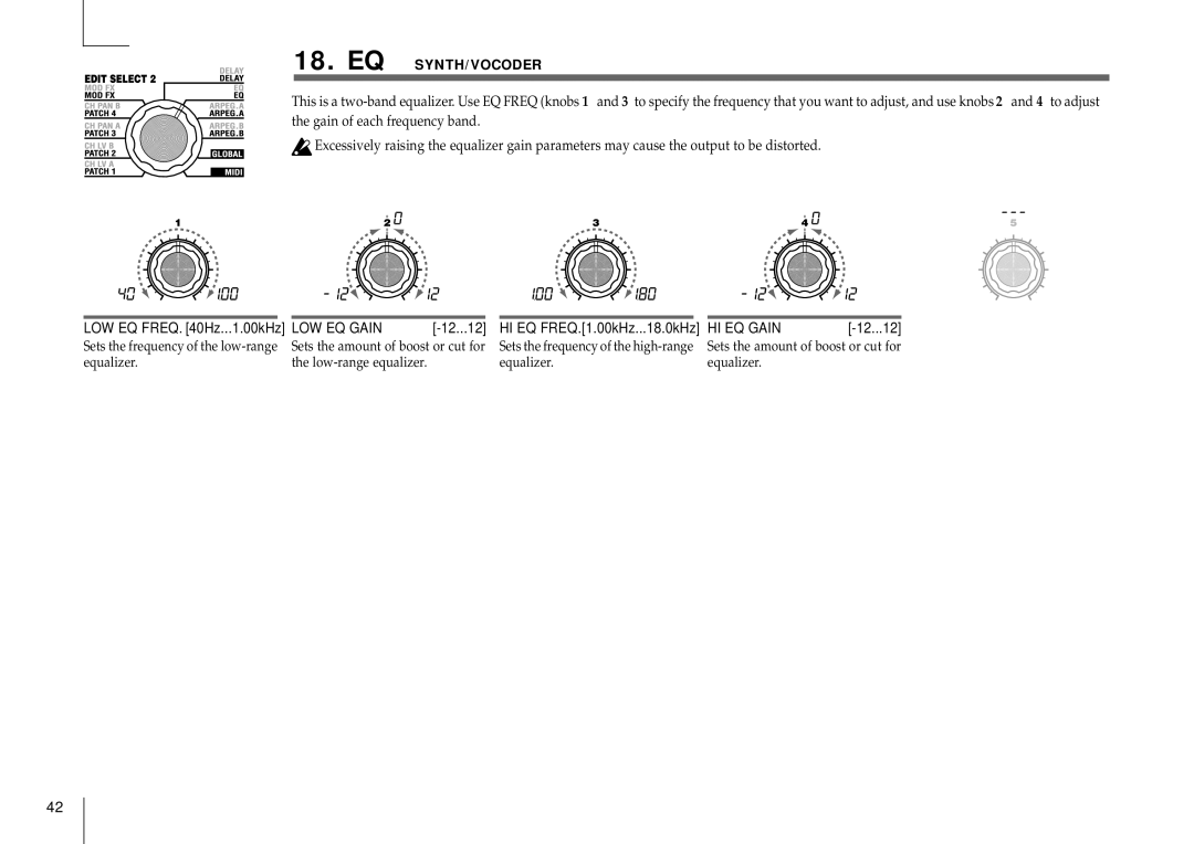 Korg MICRO manual Eq Synth/Vocoder, LOW EQ Gain, HI EQ Gain, Sets the amount of boost or cut for, Equalizer 