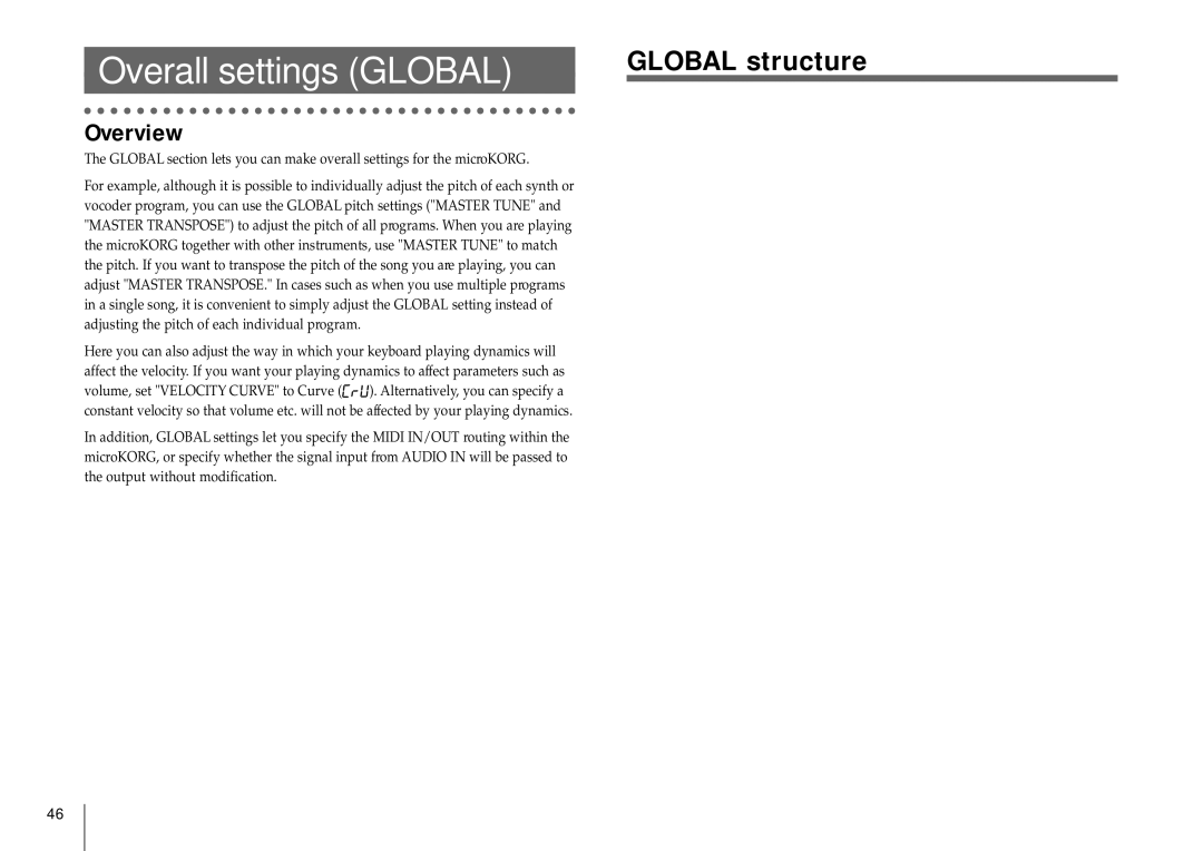 Korg MICRO manual Overall settings Global, Global structure 