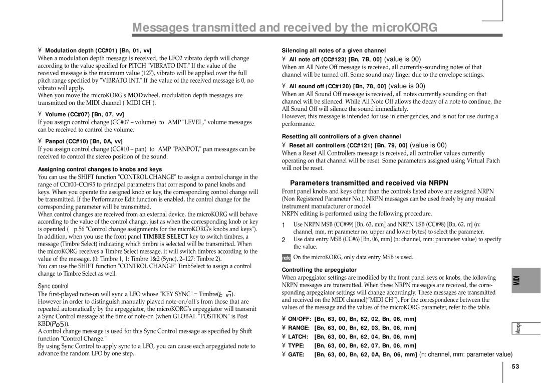 Korg MICRO manual Parameters transmitted and received via Nrpn 