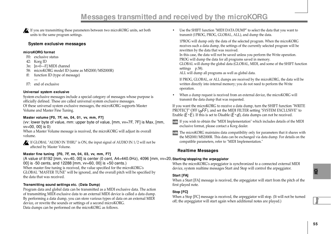 Korg MICRO manual System exclusive messages, Realtime Messages 