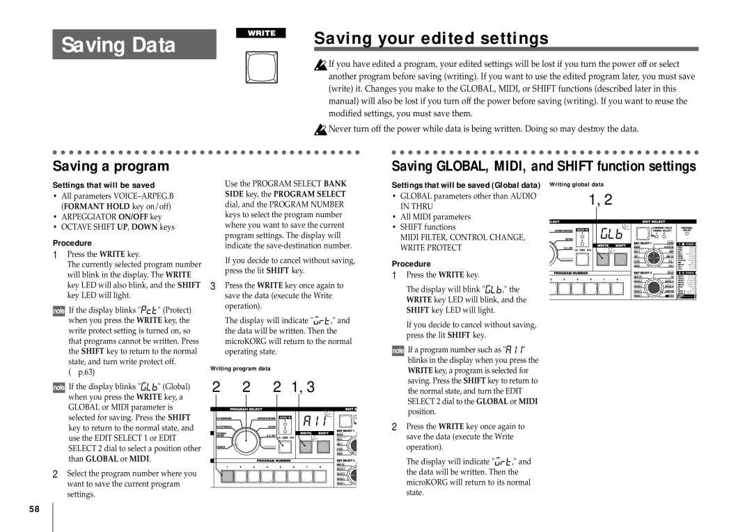 Korg MICRO manual Saving Data, Saving your edited settings, Saving a program, Procedure 