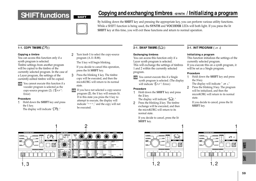 Korg MICRO manual Shift functions, Copying a timbre, Exchanging timbres, Initializing a program 