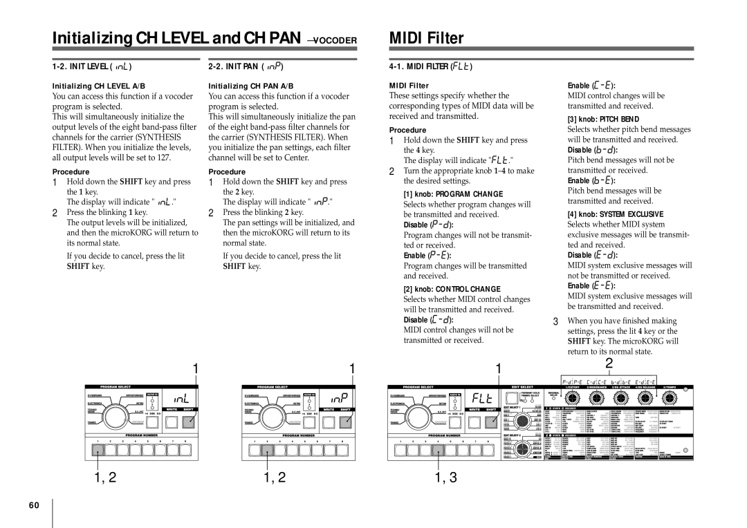 Korg MICRO manual Midi Filter, Initializing CH Level A/B, Initializing CH PAN A/B 