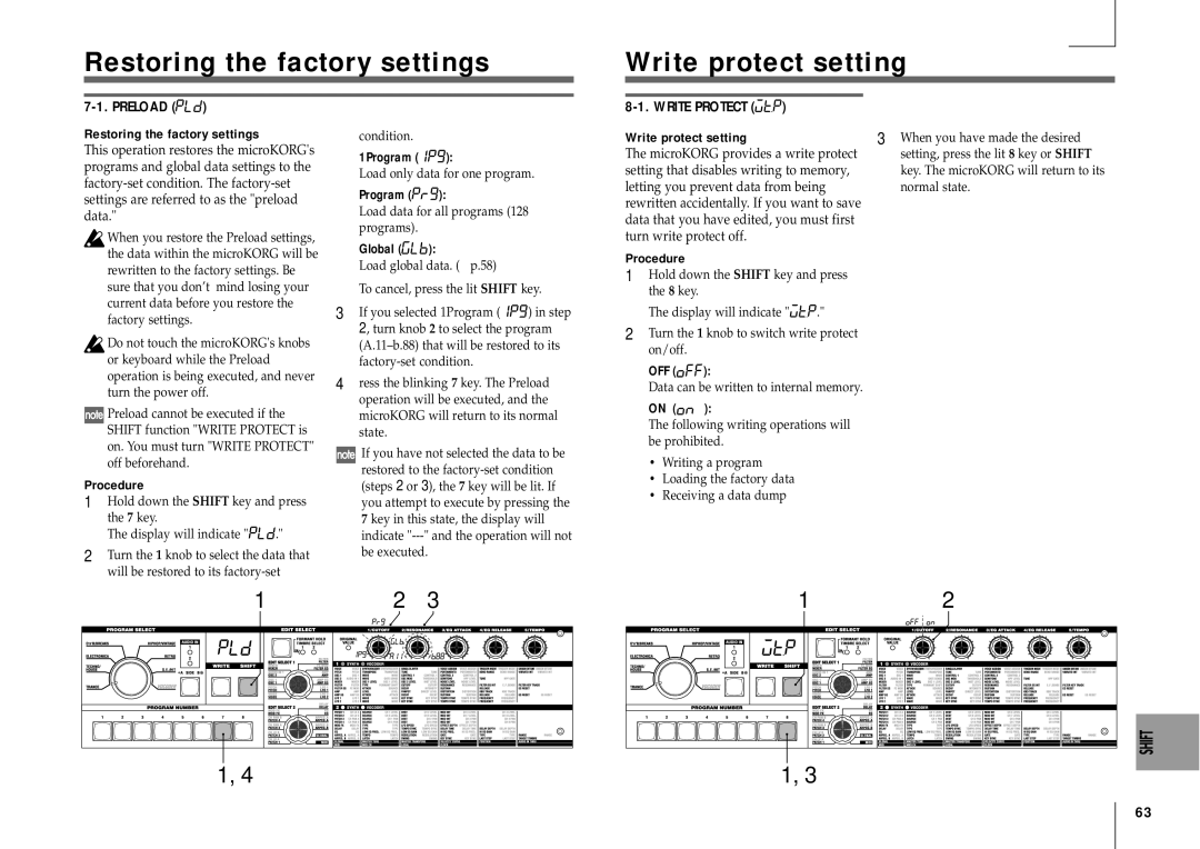 Korg MICRO manual Restoring the factory settings Write protect setting, Preload, Write Protect 