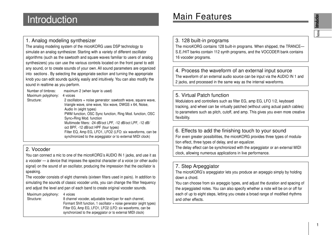 Korg MICRO manual Introduction, Main Features 