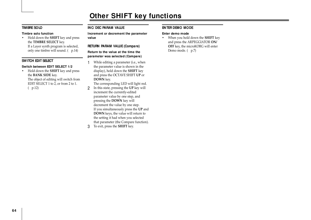 Korg MICRO manual Other Shift key functions, Timbre solo function, Switch between Edit Select 1/2, Enter demo mode 