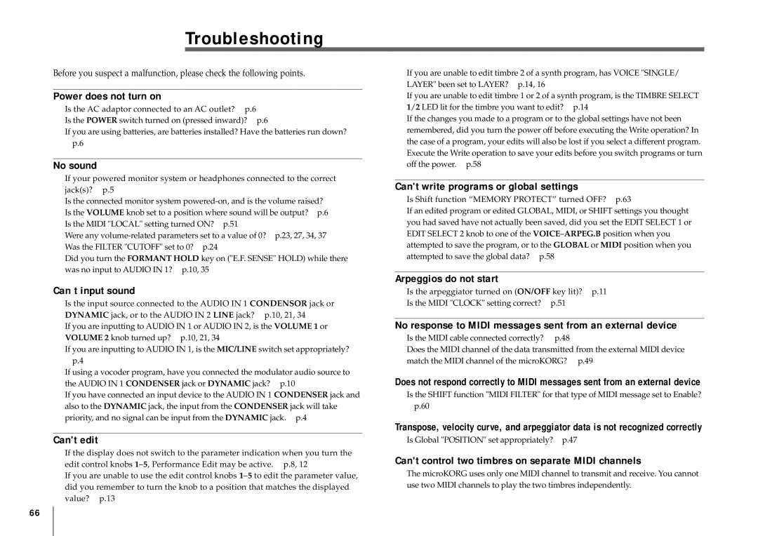 Korg MICRO manual Troubleshooting 