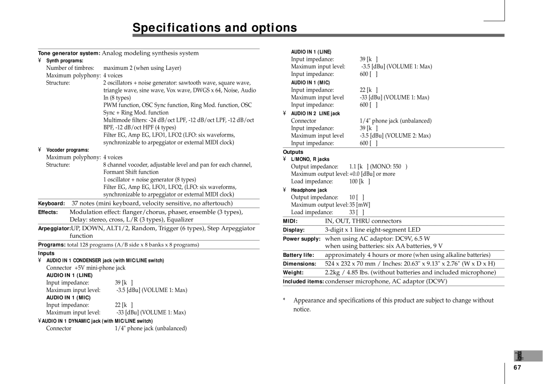 Korg MICRO manual Specifications and options 