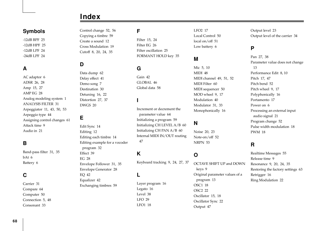 Korg MICRO manual Index, Symbols 