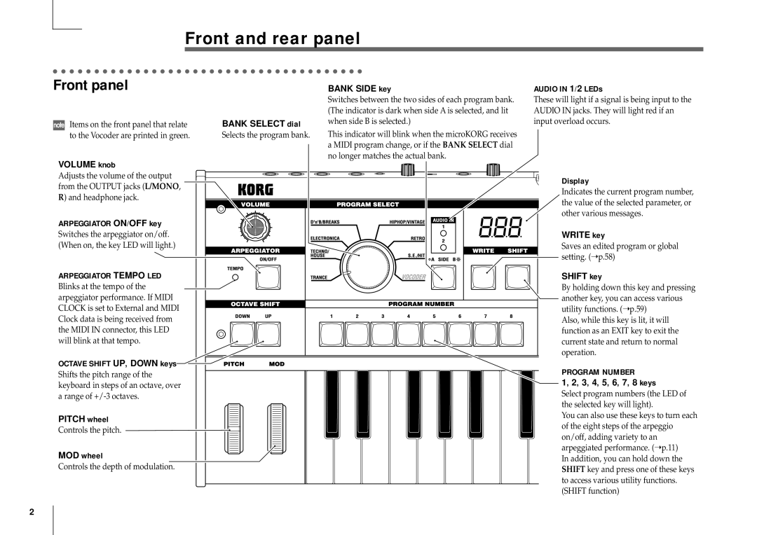 Korg MICRO manual Front and rear panel, Front panel 