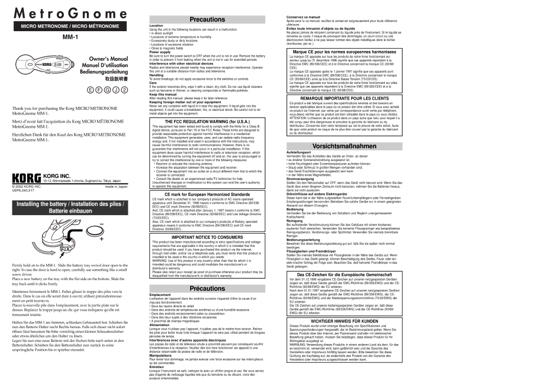 Korg MM-1 specifications FCC Regulation Warning for U.S.A, CE mark for European Harmonized Standards 