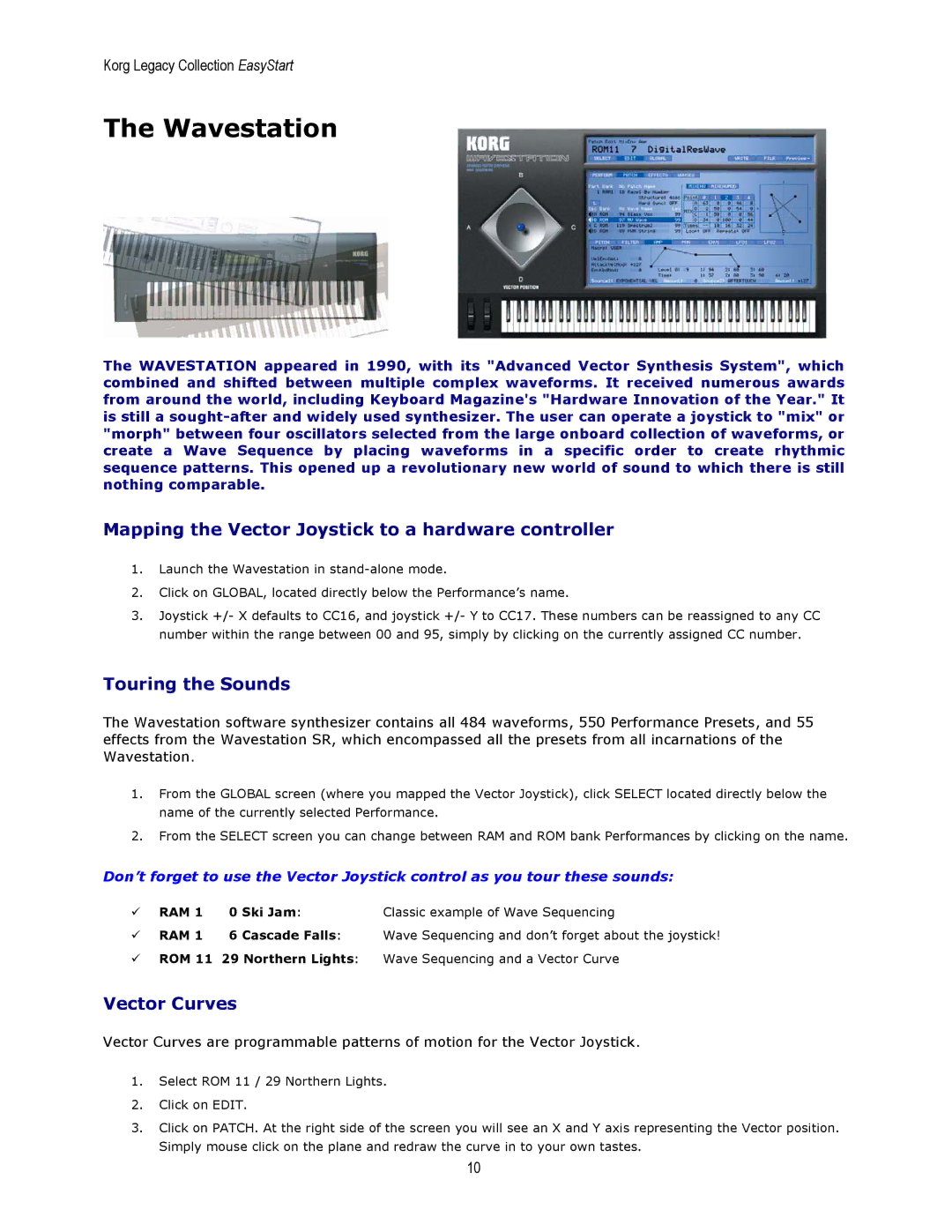 Korg MS-20 manual Wavestation, Mapping the Vector Joystick to a hardware controller, Vector Curves 