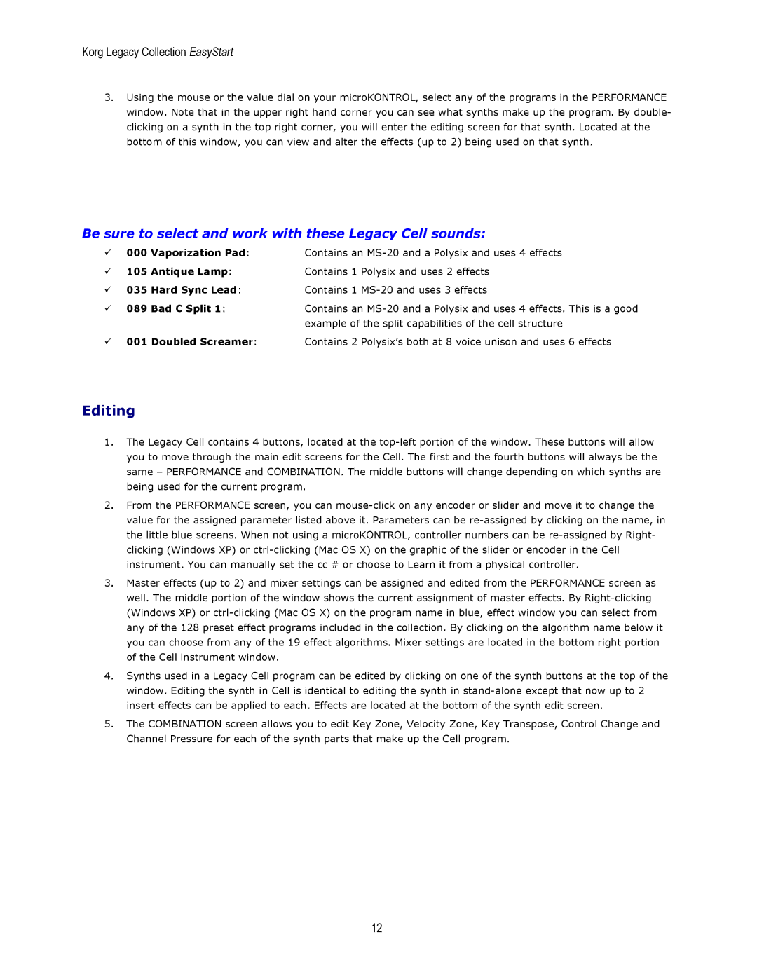 Korg MS-20 manual Be sure to select and work with these Legacy Cell sounds 