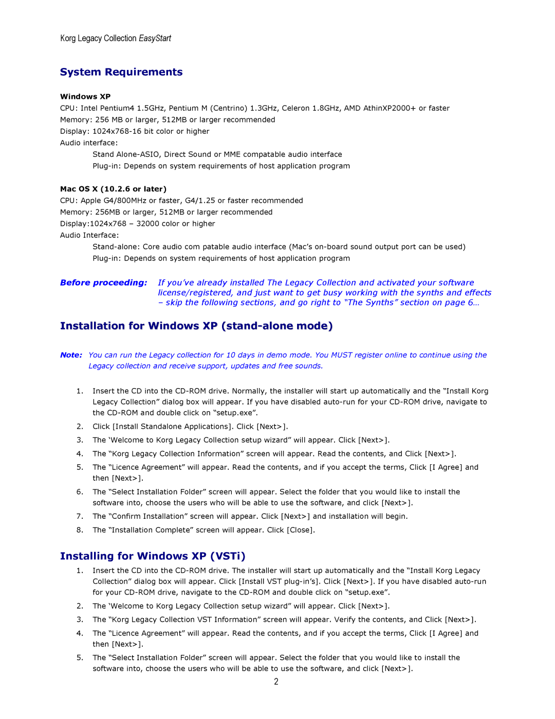 Korg MS-20 manual System Requirements, Installation for Windows XP stand-alone mode, Installing for Windows XP VSTi 