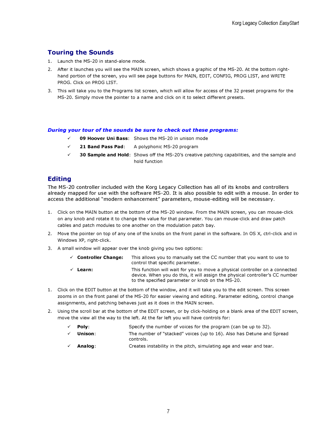 Korg MS-20 manual Touring the Sounds, Editing, Poly 