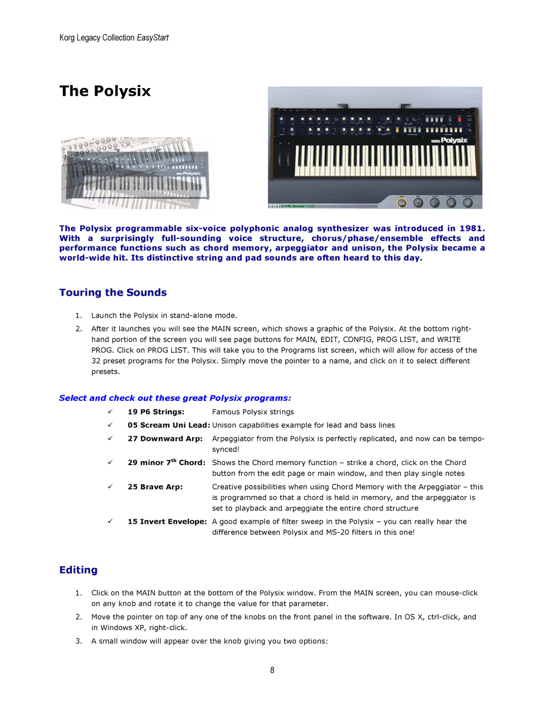 Korg MS-20 manual Polysix, 19 P6 Strings 