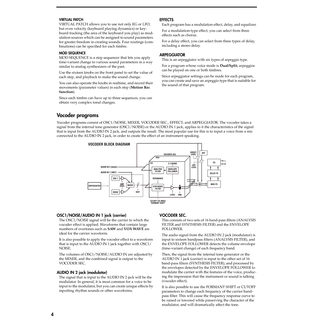 Korg MS2000R manual Vocoder programs, OSC1/NOISE/AUDIO in 1 jack carrier, Audio in 2 jack modulator 