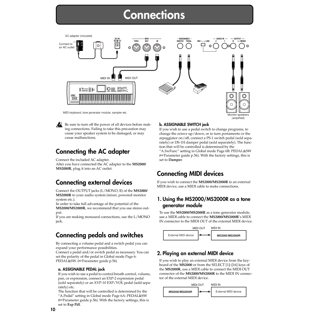 Korg MS2000R manual Connecting the AC adapter, Connecting external devices, Connecting pedals and switches 