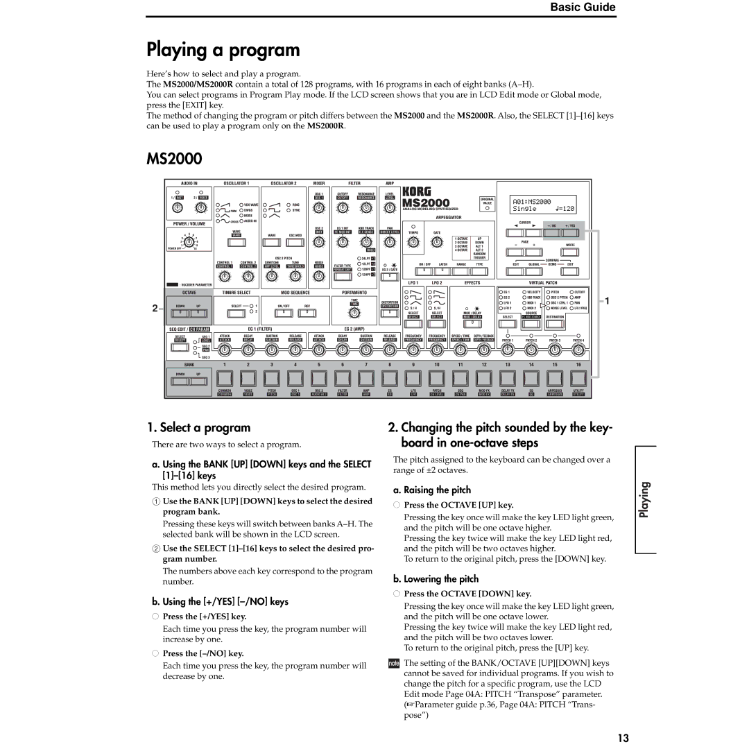 Korg MS2000R manual Playing a program, Select a program 