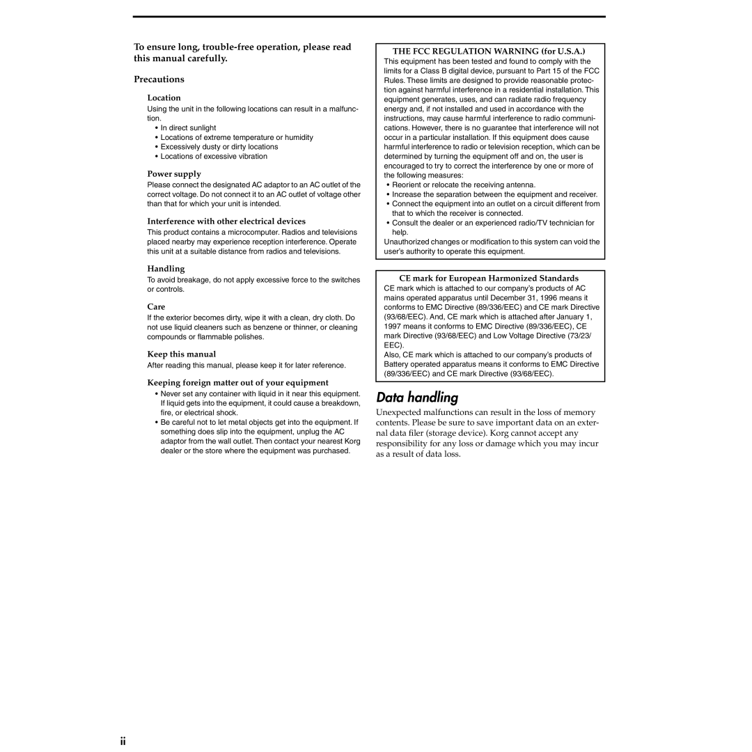 Korg MS2000R Location, Power supply, Interference with other electrical devices, FCC Regulation Warning for U.S.A, Care 