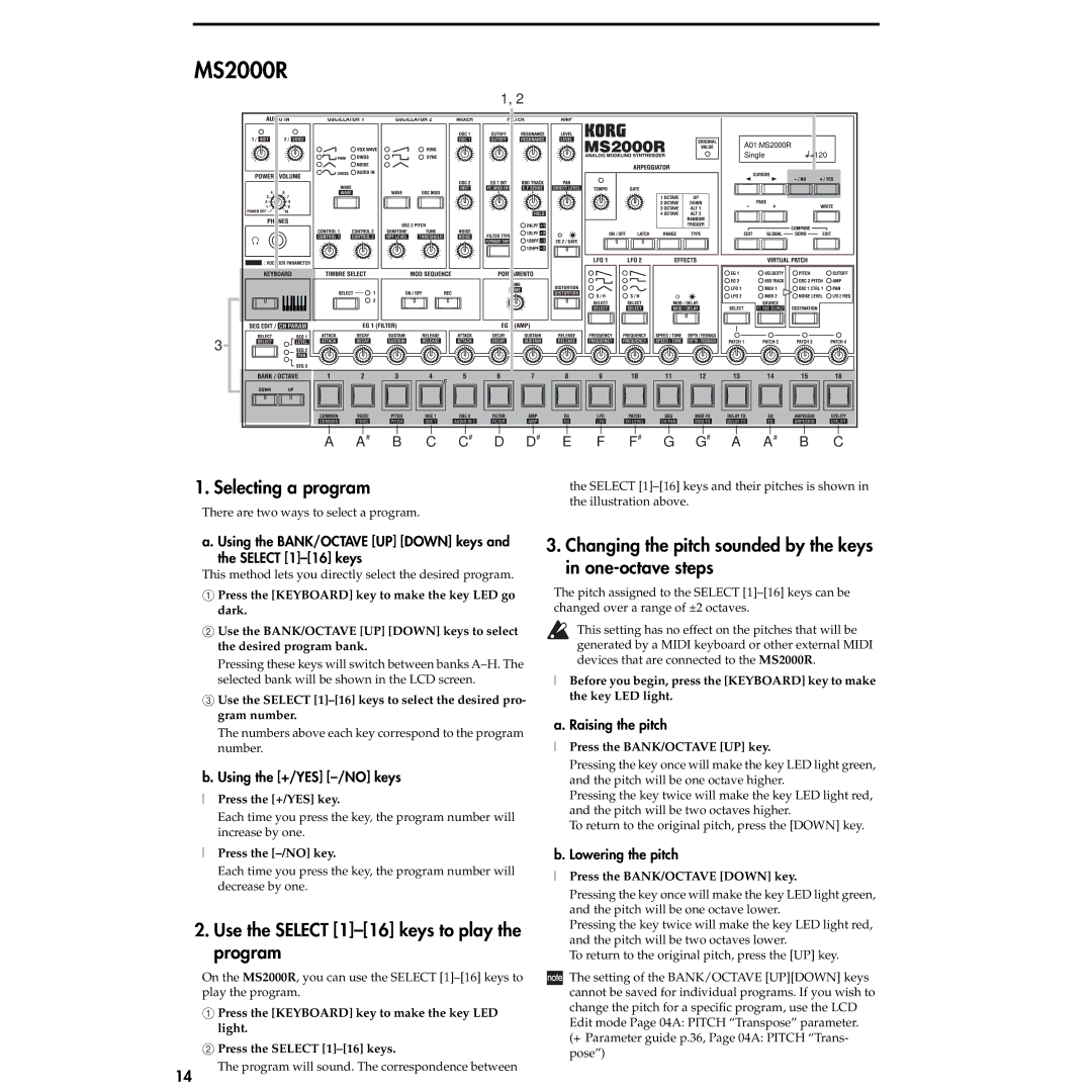 Korg MS2000R manual Selecting a program, Use the Select 1-16 keys to play the program 