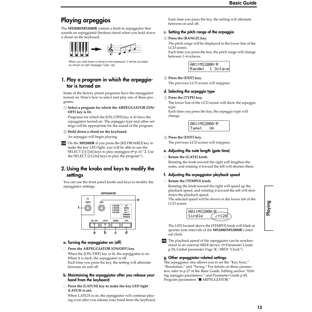 Korg MS2000R manual Playing arpeggios, Play a program in which the arpeggia- tor is turned on 