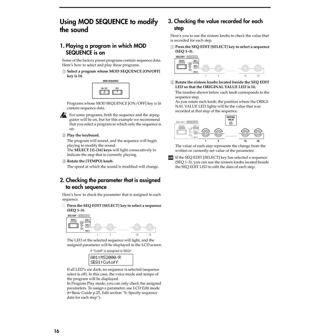 Korg MS2000R manual Using MOD Sequence to modify the sound, Playing a program in which MOD Sequence is on 