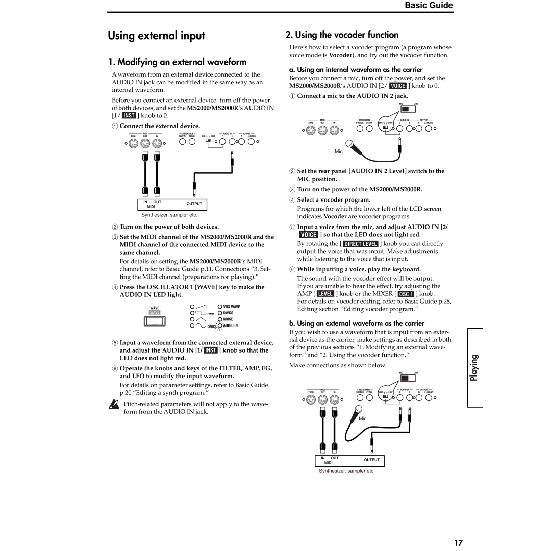 Korg MS2000R manual Using external input, Using the vocoder function, Modifying an external waveform 