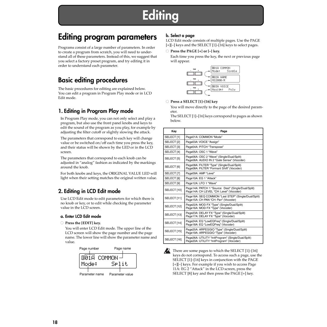 Korg MS2000R Editing program parameters, Basic editing procedures, Editing in Program Play mode, Editing in LCD Edit mode 