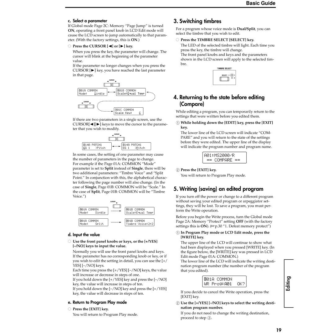 Korg MS2000R manual Switching timbres, Returning to the state before editing, Compare, Writing saving an edited program 